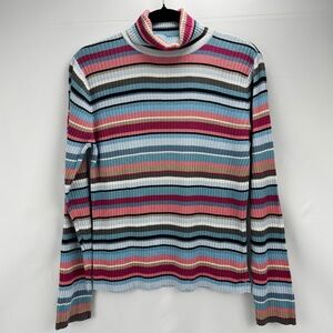 Vtg 90s Y2K Multi-Color Striped Ribbed Silk Knit Turtleneck Sweater Top Women L